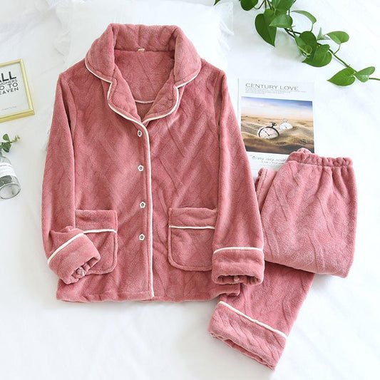 Winter Sleepwear Set Women Coral Fleece Pajamas Suits Flannel Thick Velvet Warm Homewear with Pockets Tops and Pants Long Sleeve Turn-down Collar