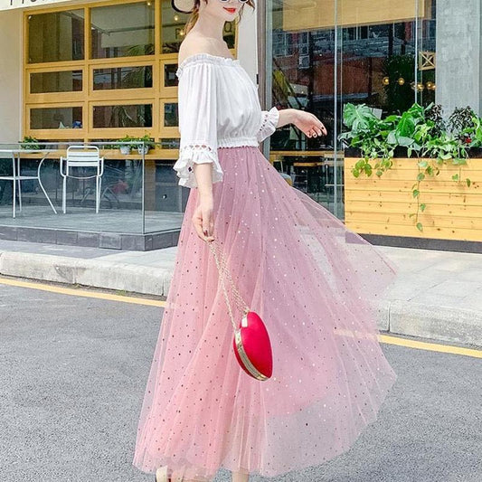 Women A-line Skirts Girls Elastic High Waist Slim Double-layered Gauze-lined Mesh Skirt Solid Color All-match Sequined Skirts