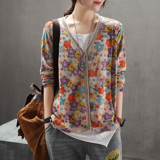 Spring Autumn Vintage Printed Cardigan Sweater Women's Ethnic Style Knit Sweater Coat