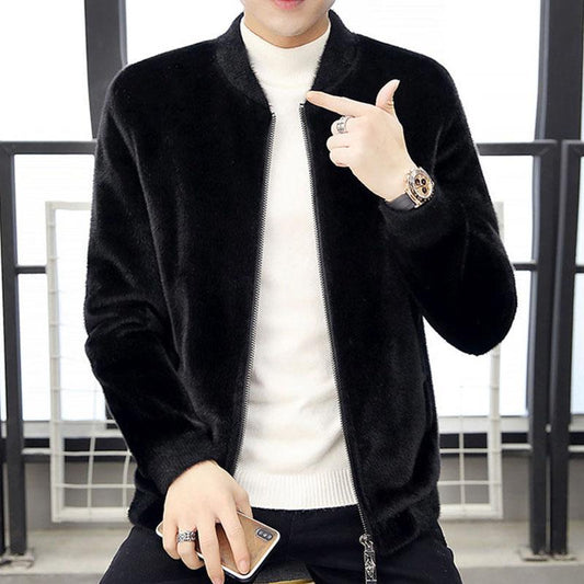 Autumn and Winter Men's Short Jacket Korean Style Slim Knit Jacket Gray Faux Fur Casual Jacket