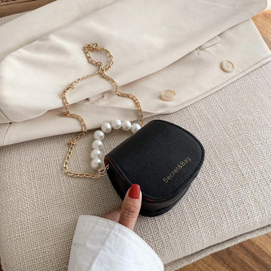Women Mini Shoulder Messenger Bags Casual Female Crossbody Bags Portable PU Leather Big Pearl Metal Chain