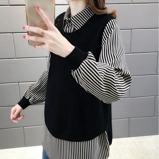 Autumn and Winter Shirt Collar Fake Two-piece Sweater Women All-match Bottoming Knitwear Top