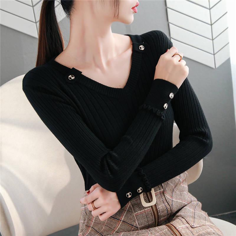 Women Sweater Solid Slim V-Neck Warm Knitwear Winter Long Sleeve Turtleneck Top