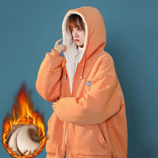 Zipper Cardigan Lamb Plush Hooded Sweater Plus Velvet Thick Winter Loose Jacket Casual Top Comfortable Sports Top Warm Cotton Clothes