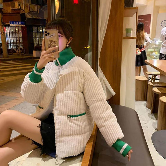 Corduroy Stitching Contrast Color Knitting Embroidery Down Padded Jacket Women's Thick Warm Bread Jacket Fashion Jacket Trend