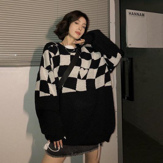 Checkerboard Sweater Long-sleeved Women Loose Retro Outer Wear Top Knitted Sweater Casual Ladies Autumn Winter