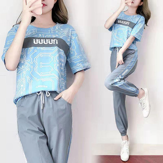 2PCS Women's Running Sports Suit Short Sleeve Top + Casual Pants Two-piece Loose Casual Wear Fitness Jogging Suit Tracksuit Ladies Sportswear