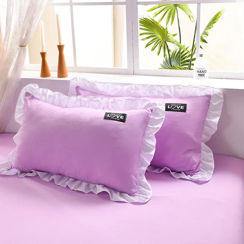 Korean Version of Solid Color Washed Cotton Pillowcase Stitching Lotus Leaf Lace Pillowcase 48*74cm A Pair of Large Pillowcases