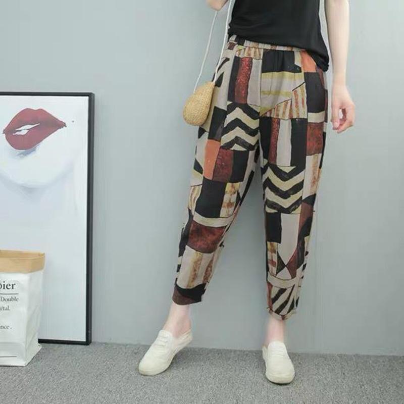 WTEMPO Geometric Haren Pants Summer Thin High Waist Cropped Casual Loose Large Size Bloomers Pants