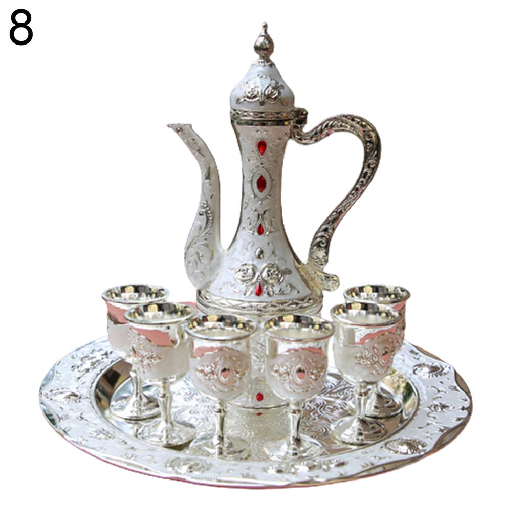 8Pcs/Set Retro Zinc Alloy Wine Cup Kettle Tray Kit Home Wedding Decor Container