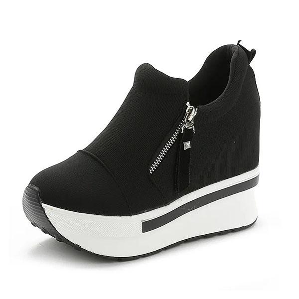 Women's Spring and Autumn High-top Canvas Shoes Inner Heightening Shoes Side Zipper Anti-skid Thick Sole Single Shoes