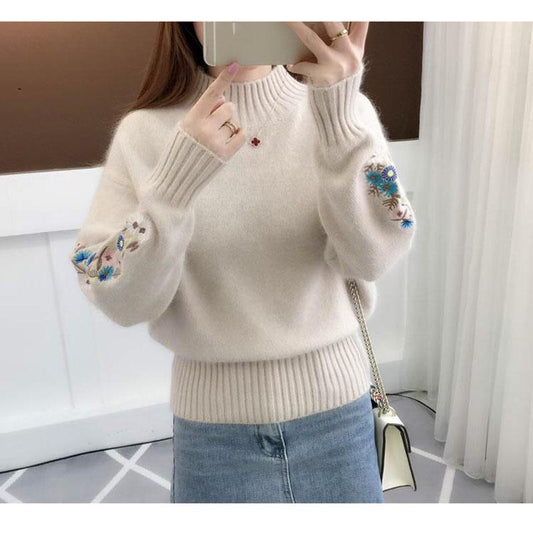 Half Turtleneck Sweater Thicken Women's Autumn and Winter Short Embroidery Flower Base Knit Long Sleeve Pullover