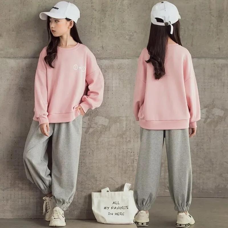 Girls Pullover Round Neck Long-sleeved Sweater Loose Sports Trousers Suit Spring and Autumn Korean Version Long-sleeved Breathable Two-piece Suit