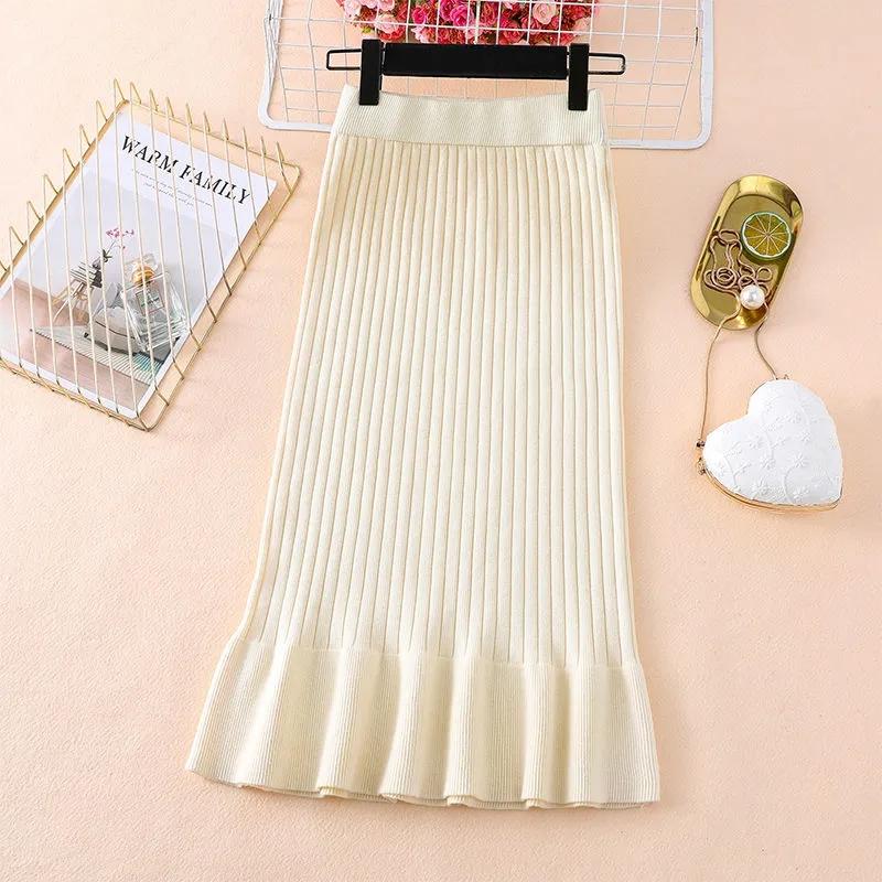 Skirts Womens Knitted Skirt Female Spring Hip Skirts Solid Color Mid-length Wool Skirt Stretchy Ruffled Mermaid Skirts