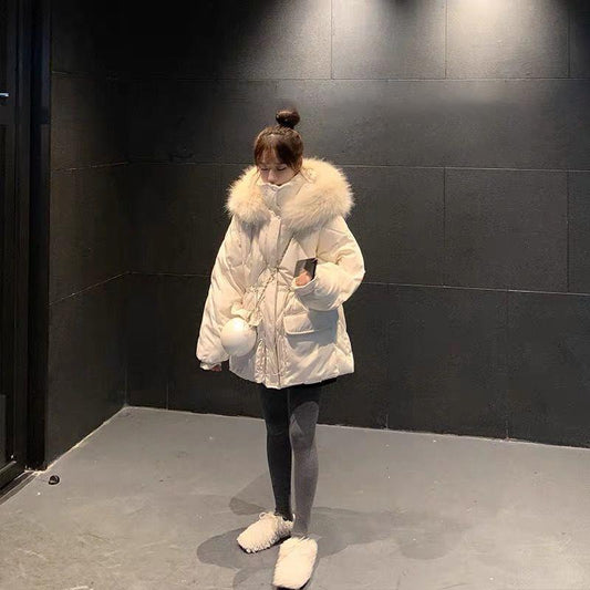 Western-style Age-reducing Big Fur Collar Cotton-padded Jacket Women Winter Sweet Waist Waist Mid-length Loose Waist Cotton-padded Jacket