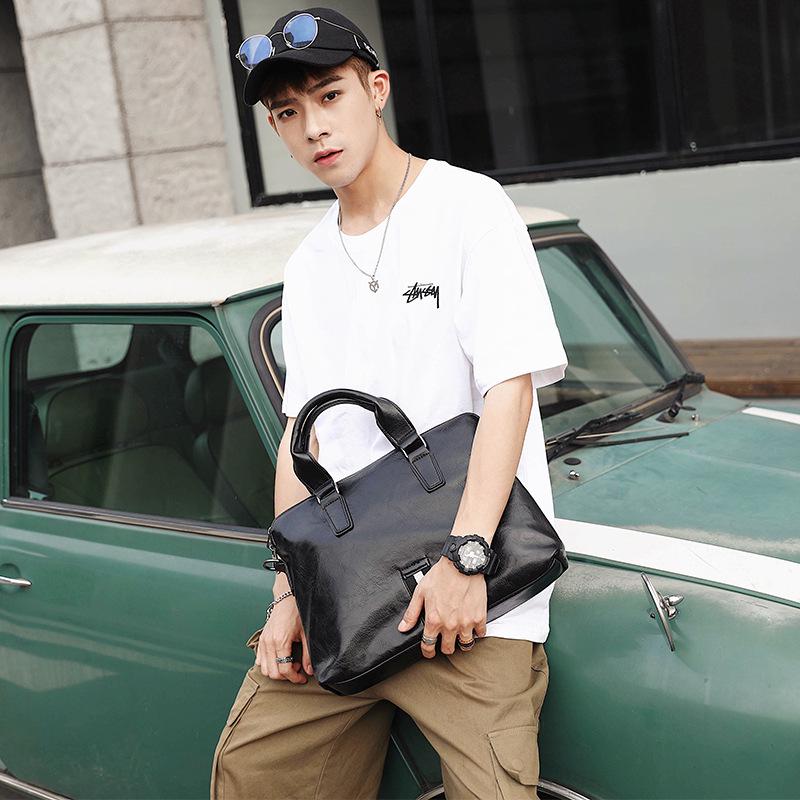 Business Briefcase Men Black Striped PU Leather Handbag Shoulder Diagonal Computer Bag