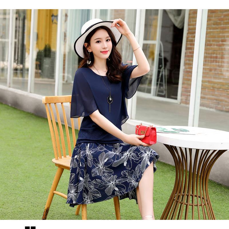 Set Chiffon Dress Female Niche Sweet Wind Is Thin Two-piece Skirt Round Neck Short-sleeved Top A-line Short Skirt Chiffon Fabric Light and Breathable
