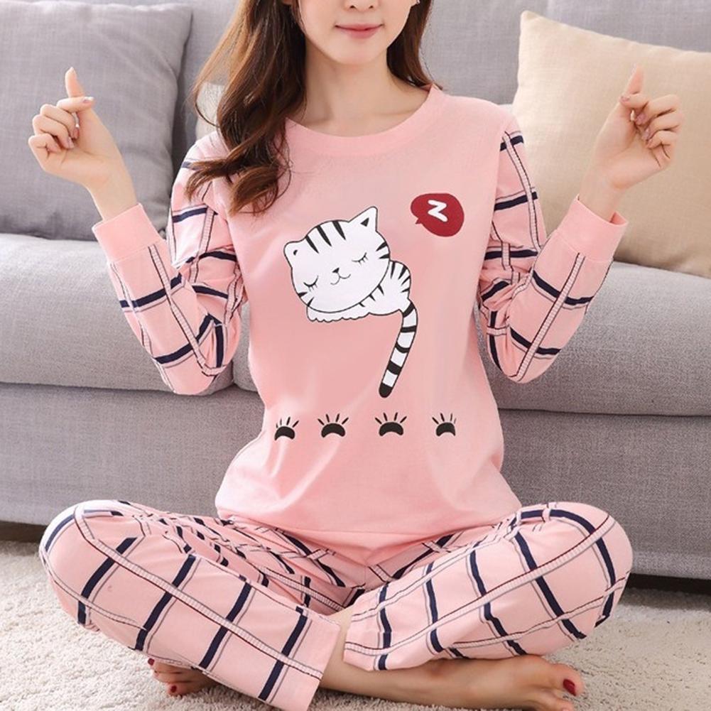 Autumn Winter Cute Cartoon Cat Print Pajamas Set Women Girls Long Sleeve Sleepwear Top and Pants Suit Soft Pullover O Neck Homewear