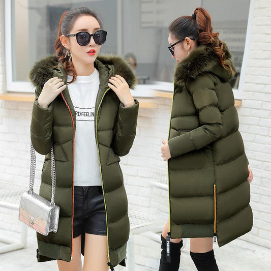 Fashion Trend Down Down Padded Jacket Women's Mid-length Large Fur Collar Padded Thick Warm Cotton Jacket