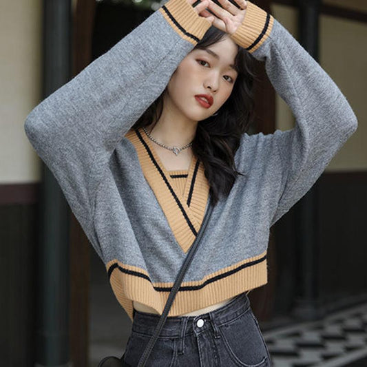 Sweater Jacket Women's Autumn Winter Color Matching Thin Knit Sweater Short V-neck Loose Pullover Jacket Outer Wear