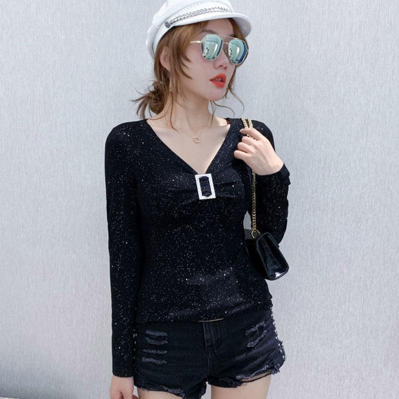 Women's Spring and Autumn Solid Color Long Sleeve Bottoming Shirt V-Neck Slim Top