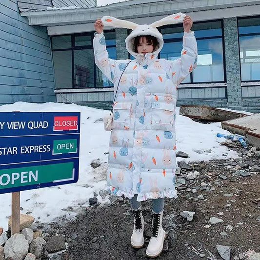 Cute Rabbit Ears Down Padded Jacket Women's Mid-length Thick Fishtail Padded Jacket Korean Style Loose