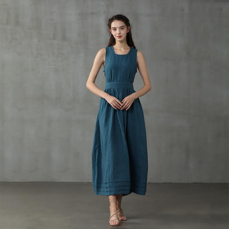 Cross Back Linen Dress, Drawstring Waist Slim Temperament Large Swing Skirt,maxi Dress, Sleeveless Dress, Layered Linen Dress, Apron Dress