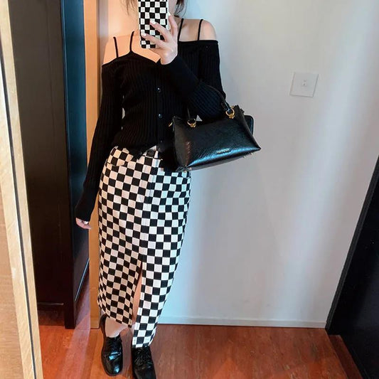 Temperament High Waist Autumn and Winter Black and White Checkerboard Checkerboard Split Bag Hip Straight Mid-length Skirt Women