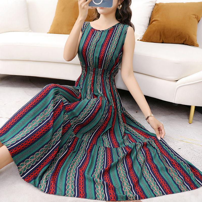 Summer Bohemia Ethnic Print Dress Round Neck Sleeveless Loose High Waist Cotton Silk Vest Beach Skirt