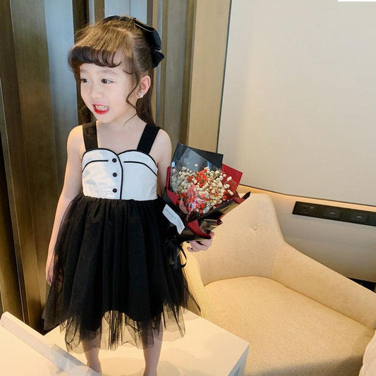 Children Dress Girls' Summer Dress Korean Sweet Casual Dress Lace Pompous Skirt Gauze Skirt Suspender Dress