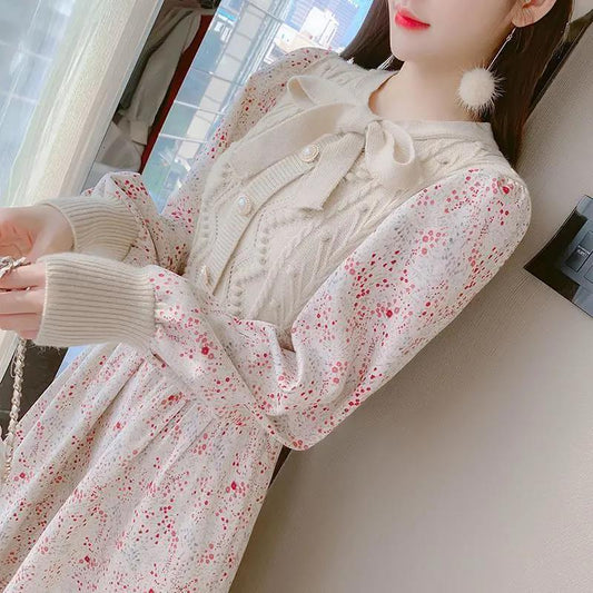 Autumn and Winter Fake Two-piece Stitching Floral Sweater Knit Bottoming Skirt Loose Long A-line Dress