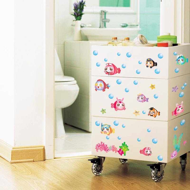 Cartoon sea bottom colorful bubble fish children room kindergarten bathroom sticker
