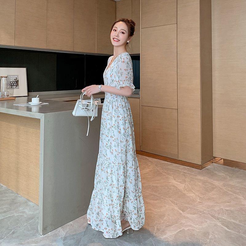 Chiffon Floral V-neck Dress Long Dress French Bellflower Ankle Long Dress Was Thin and Large Size Long Dress Ladies Chiffon Dress