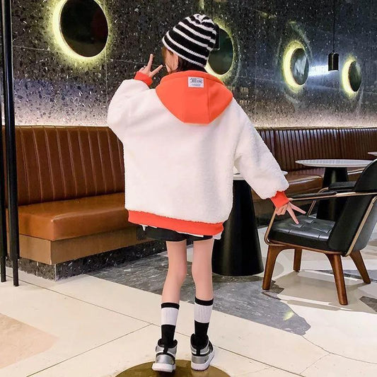 Girls' Warm and Windproof Autumn and Winter Jacket Quilted Padded Lamb Wool Sweater