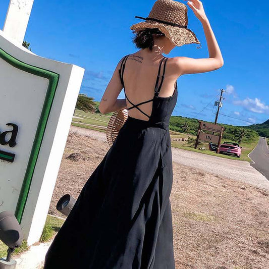 Pofulove Women Solid Camisole Dress Sexy Slim Long Sleeveless Backless A-line Vacation Beach Dress