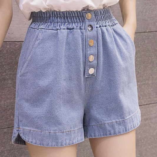 WTEMPO Spring and Summer Girl Women Denim Shorts Big Pocket Elastic Waist Loose A-line Thin Casual Jeans Wide Leg