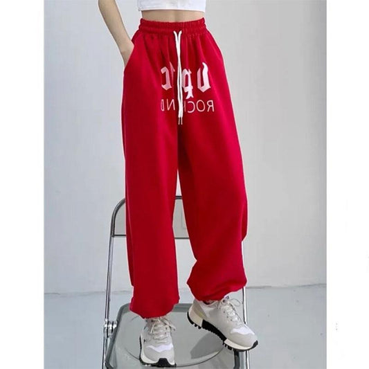 Women's High Waist Hip Hop Jazz Sports Pants Red Casual Leggings Hip-hop Alphabet Wide Leg Sweatpants