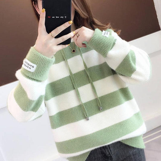 Autumn Winter Thick Color-blocking Striped Pullover Sweater Women Imitation Mink Sweater Women Mohair Hooded Sweater Outwear