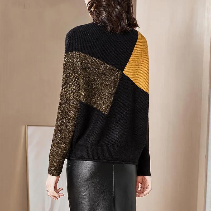 Women's Simple Splicing Turtleneck Sweater Loose Casual Knitted Bottoming Shirt Color Matching Fashion Temperament Sweater
