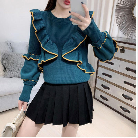 Autumn and Winter Ins Knit Sweater Fashion All-match Ruffle Sweater Women Color Matching Bottoming Shirt