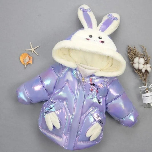 Colorful Bright Leather Winter Girl Bunny Thick Plus Down Jacket Foreign Style Cotton Coat Jacket Hooded Cute Cotton Jacket