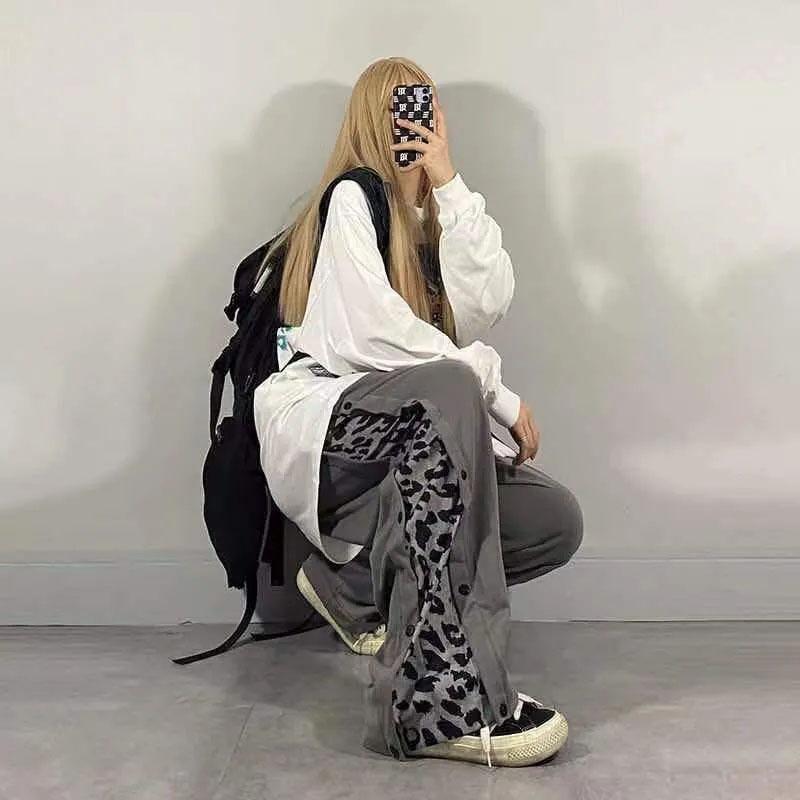 Retro Loose Wide-leg Pants Women's Spring and Summer Hip-hop Pants Leopard Print Slim Straight Trousers Ladies Sports Casual Pants