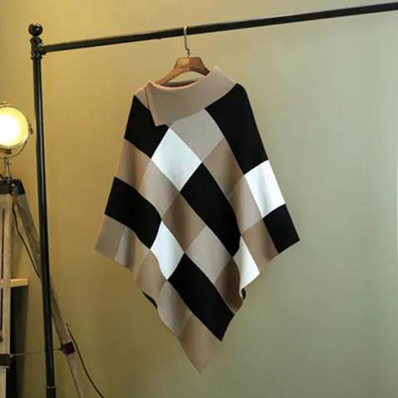 Loose Cloak-type Mid-length Cloak Plaid Pullover Loose Knit Jacket Ladies Temperament Outer Sweater Simple and Versatile