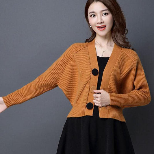 Autumn and Winter V-neck Loose Sweater Bat Shirt Short Knit Top Fashion Casual Women's Jacket