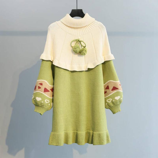 Long Section Turtleneck Sweater Women's Sweet Knitted Ruffles Schoolgirl Pullover Dress