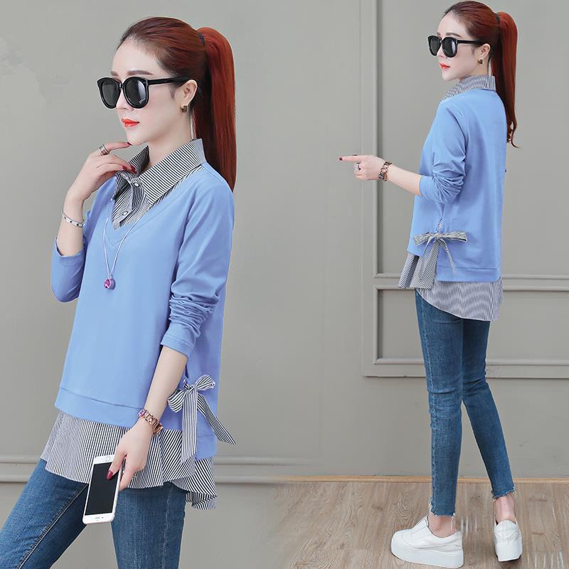 Cotton Plus Size Fake Two-piece Blouse Fall Loose Long Sleeve Sweater Women