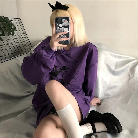 Hoodies Women Japanese Anime Pullover Sweatshirts Oversized Streetwear Harajuku Long Sleeve Turtleneck Hoodies Autumn Winter Fashion White Tops