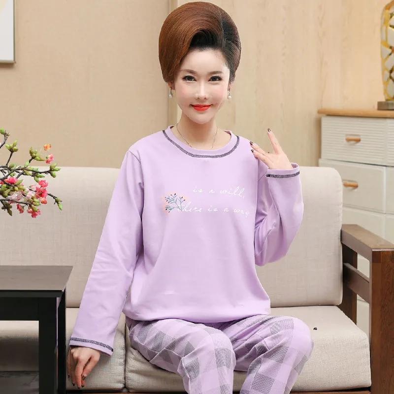 Women's Cotton Pajamas Set Autumn Winter Pyjamas Suit Casual Loose Sleepwear Pullover Long Sleeve Home Wear Ladies Nightwear with Round Collar