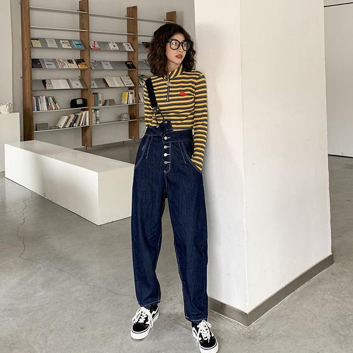 WTEMPO Women's Overalls Jeans Loose and Slim Wide Leg Straight Denim Big Pocket Trousers