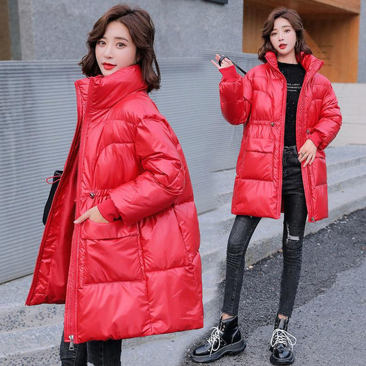 Women's Winter Coats Fashion Glossy Stand Collar Parkas Waterproof Shiny Winter Jacket Women Drawstring Padded Cotton Coat Outwear